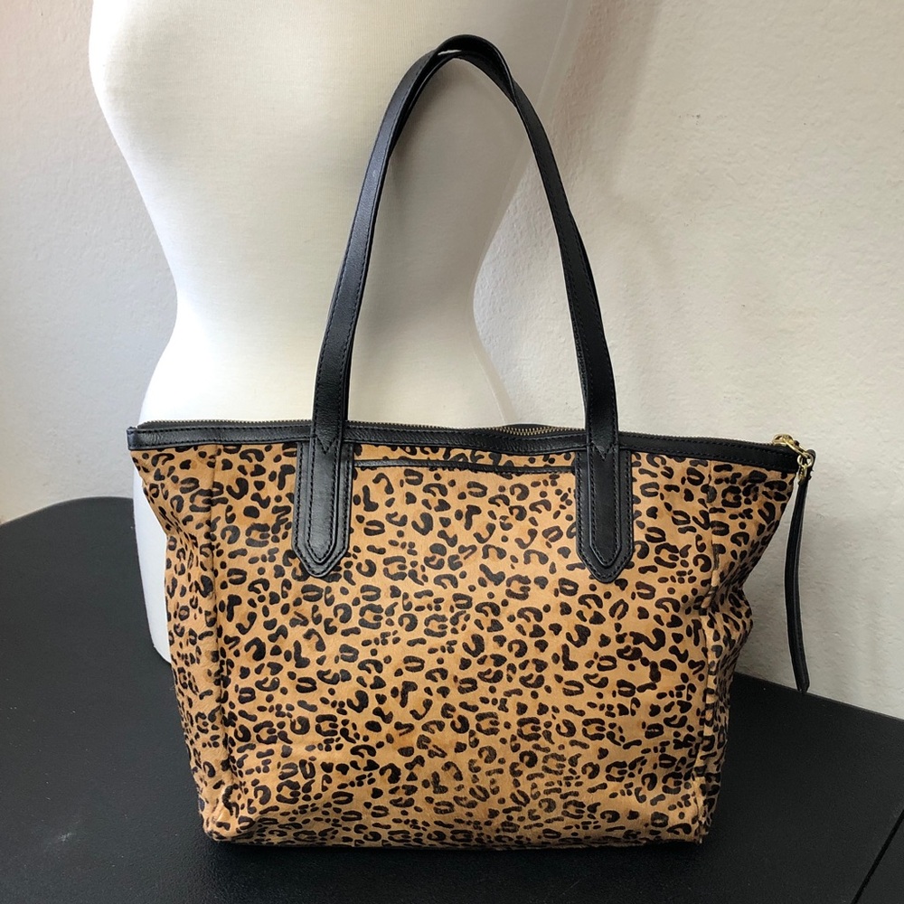 Fossil Sydney Leopard Print Calf Hair Tote Bag with Black Trim
